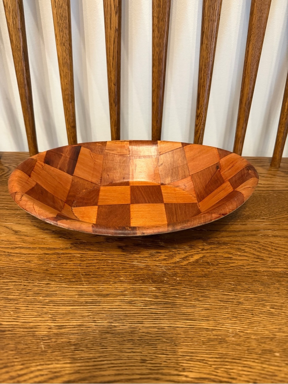 Vintage Mid-Century Woven Wood Serving Bowl - 10" Checkerboard Pattern